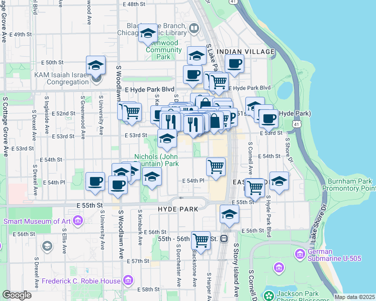 map of restaurants, bars, coffee shops, grocery stores, and more near 5330 South Blackstone Avenue in Chicago