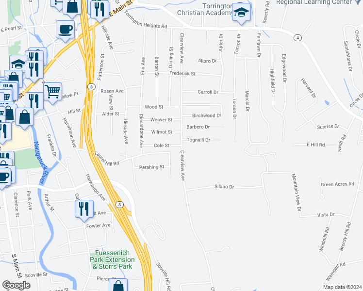 map of restaurants, bars, coffee shops, grocery stores, and more near 124 Cole Street in Torrington