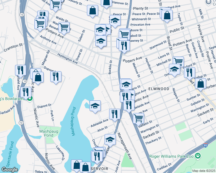 map of restaurants, bars, coffee shops, grocery stores, and more near 46 Redwing Street in Providence