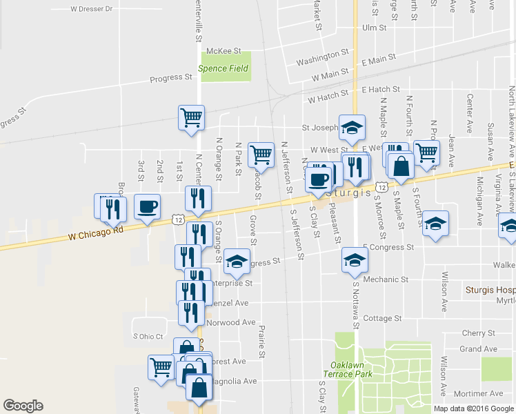 map of restaurants, bars, coffee shops, grocery stores, and more near 401 West Chicago Road in Sturgis