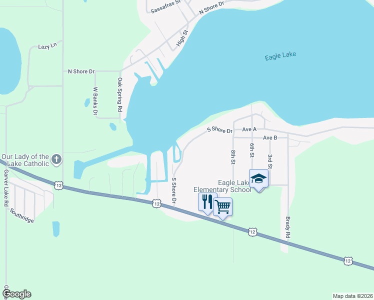 map of restaurants, bars, coffee shops, grocery stores, and more near 68851 South Shore Drive in Edwardsburg