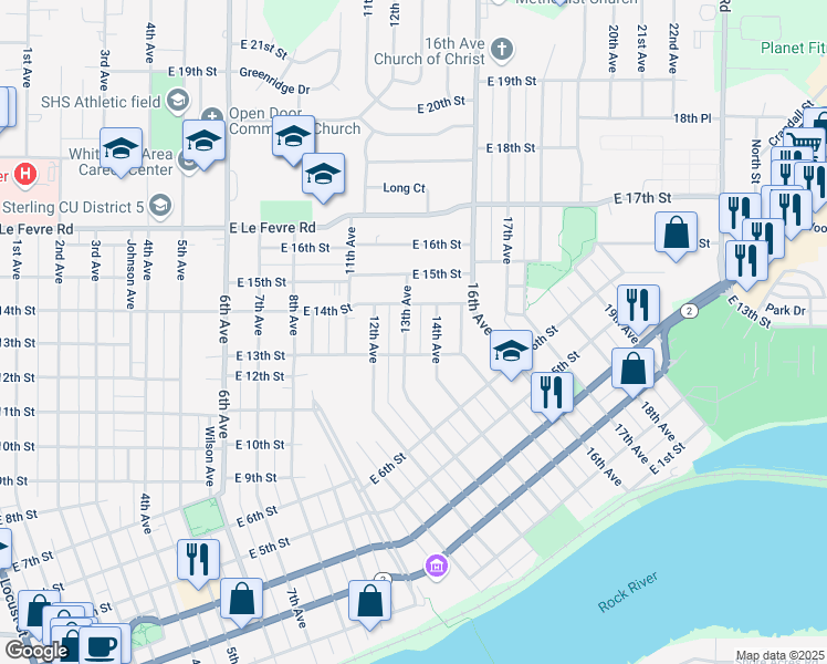 map of restaurants, bars, coffee shops, grocery stores, and more near 1316 13th Avenue in Sterling