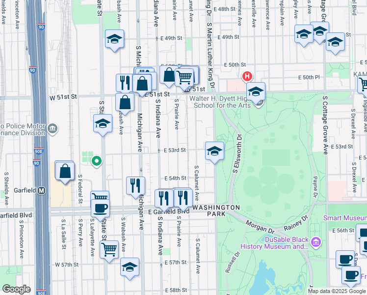 map of restaurants, bars, coffee shops, grocery stores, and more near 5240 South Prairie Avenue in Chicago
