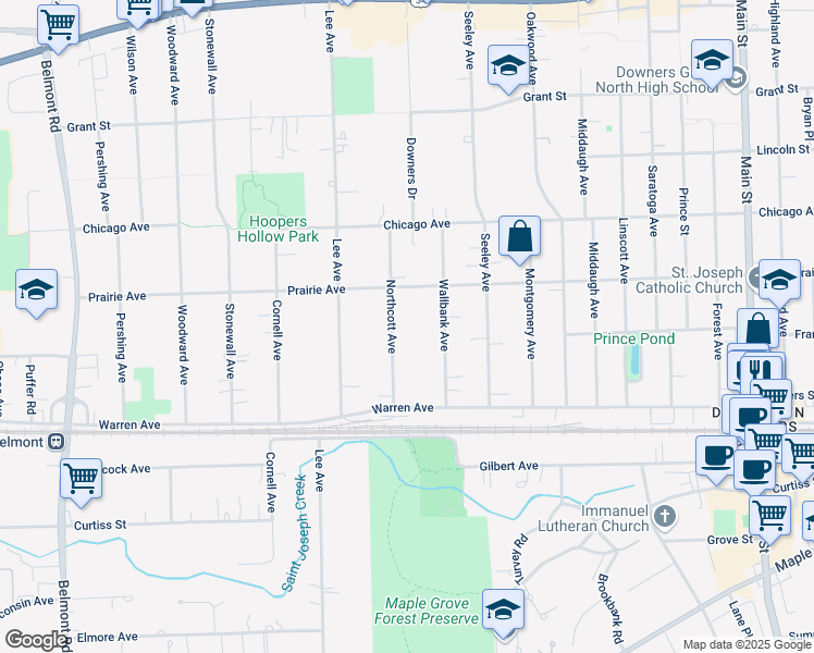 map of restaurants, bars, coffee shops, grocery stores, and more near 4813 Northcott Avenue in Downers Grove