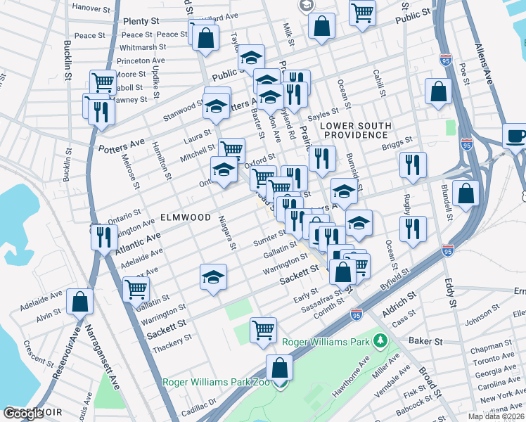 map of restaurants, bars, coffee shops, grocery stores, and more near 14 Adelaide Avenue in Providence