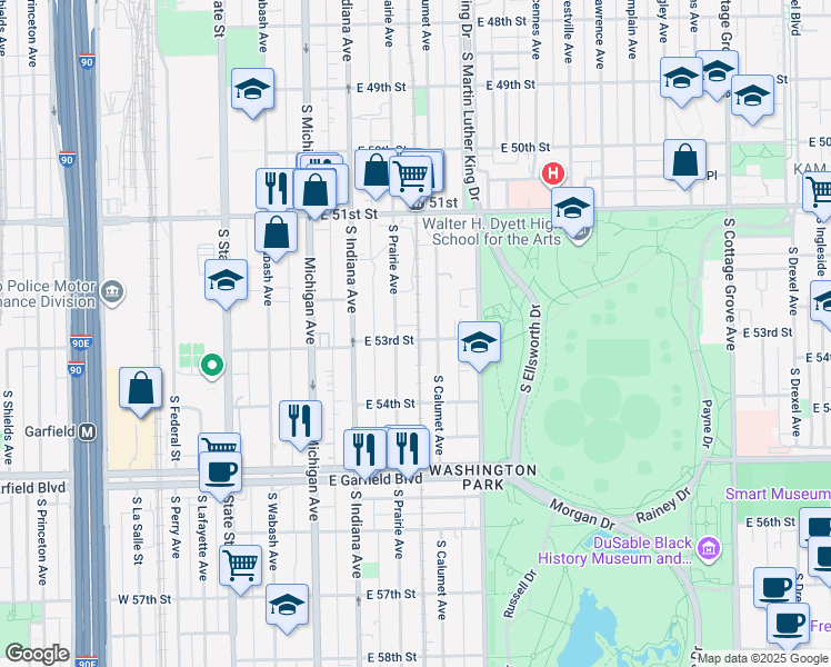 map of restaurants, bars, coffee shops, grocery stores, and more near 5238 South Calumet Avenue in Chicago