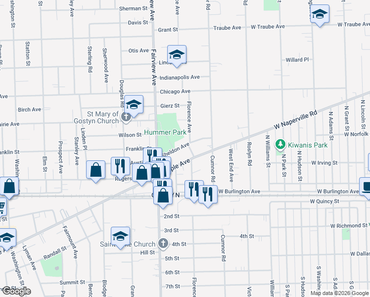 map of restaurants, bars, coffee shops, grocery stores, and more near 305 Sheldon Avenue in Downers Grove