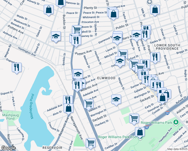 map of restaurants, bars, coffee shops, grocery stores, and more near 133 Ontario Street in Providence