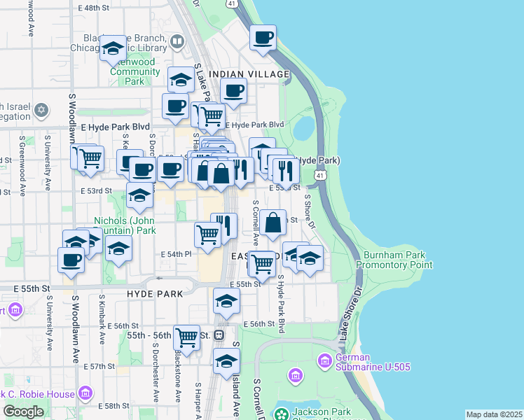 map of restaurants, bars, coffee shops, grocery stores, and more near 5317 South Cornell Avenue in Chicago