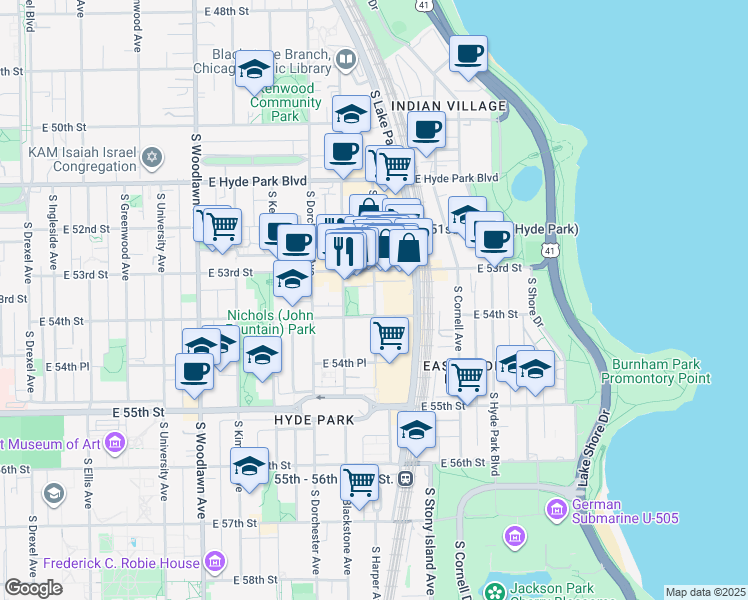 map of restaurants, bars, coffee shops, grocery stores, and more near 5316 South Harper Avenue in Chicago