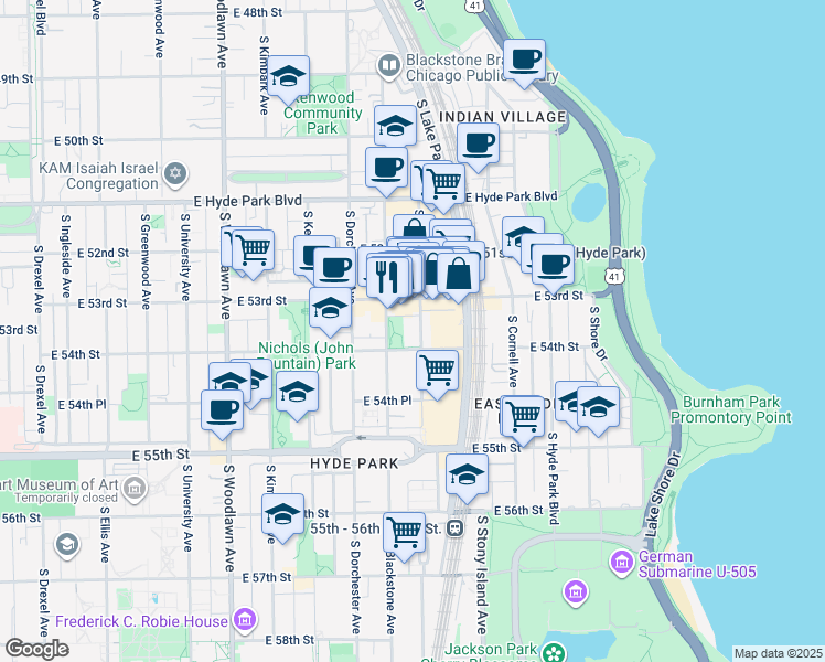 map of restaurants, bars, coffee shops, grocery stores, and more near 5316 South Harper Avenue in Chicago