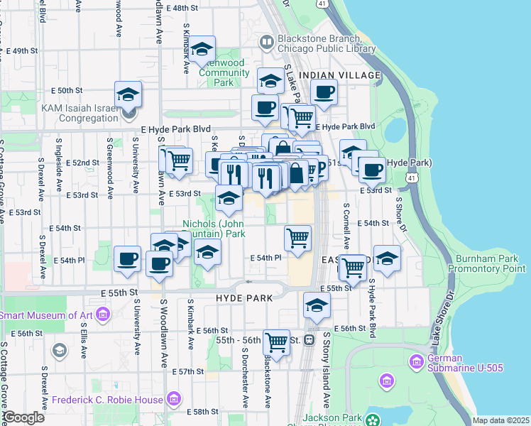map of restaurants, bars, coffee shops, grocery stores, and more near 5314 South Blackstone Avenue in Chicago