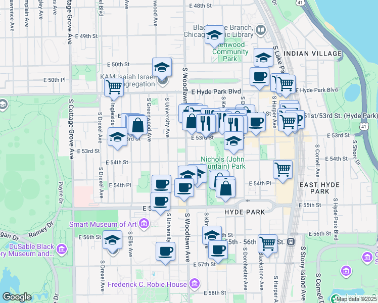 map of restaurants, bars, coffee shops, grocery stores, and more near 5312 South Woodlawn Avenue in Chicago