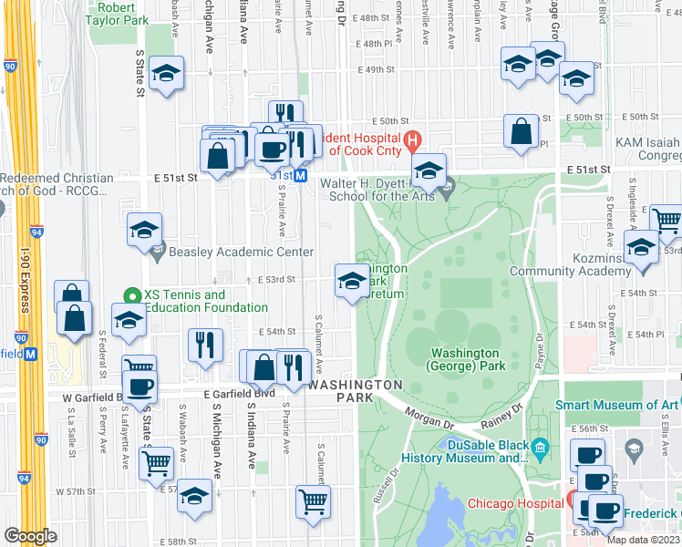 map of restaurants, bars, coffee shops, grocery stores, and more near 5240 South King Drive in Chicago