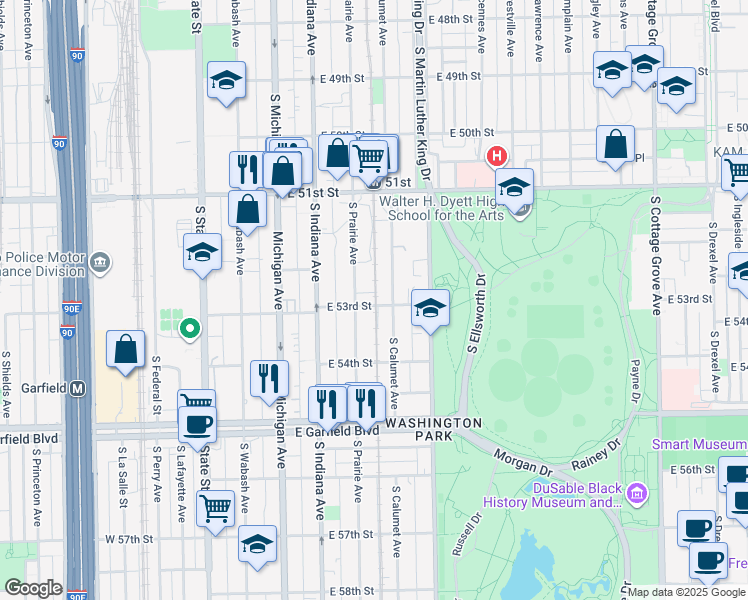 map of restaurants, bars, coffee shops, grocery stores, and more near 5238 South Calumet Avenue in Chicago