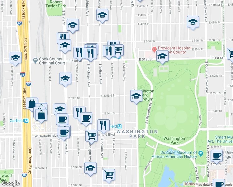 map of restaurants, bars, coffee shops, grocery stores, and more near 5240 South Prairie Avenue in Chicago