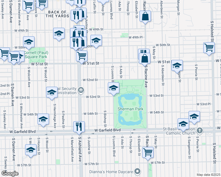 map of restaurants, bars, coffee shops, grocery stores, and more near 5214 South Loomis Boulevard in Chicago