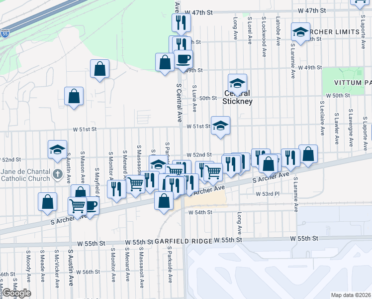 map of restaurants, bars, coffee shops, grocery stores, and more near 5133 South Central Avenue in Chicago