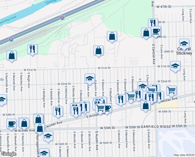 map of restaurants, bars, coffee shops, grocery stores, and more near 5126 South Austin Avenue in Chicago