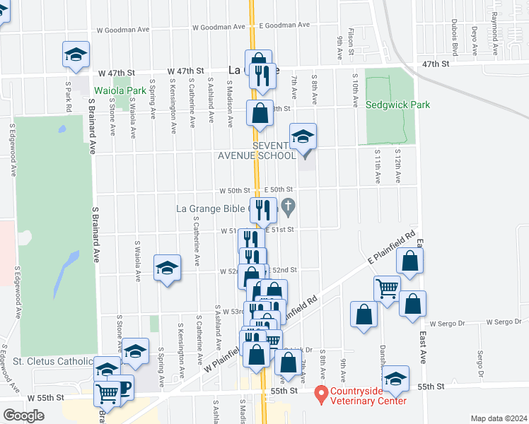 map of restaurants, bars, coffee shops, grocery stores, and more near 815 South La Grange Road in La Grange
