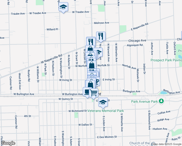 map of restaurants, bars, coffee shops, grocery stores, and more near 133 North Lincoln Street in Westmont