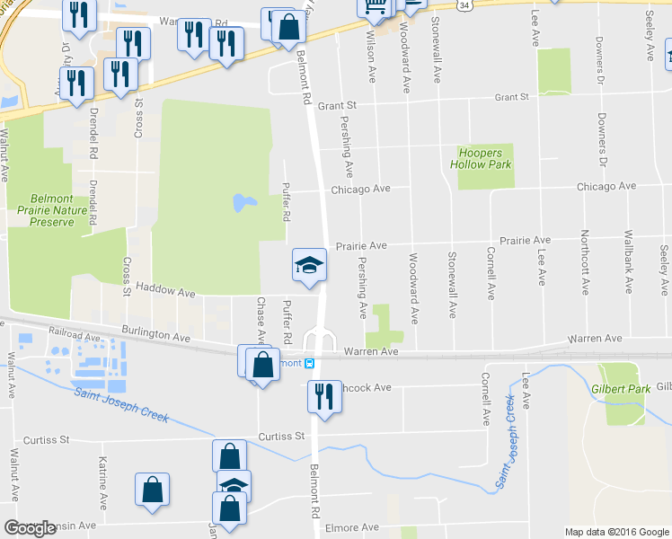 map of restaurants, bars, coffee shops, grocery stores, and more near 4803 Belmont Road in Downers Grove