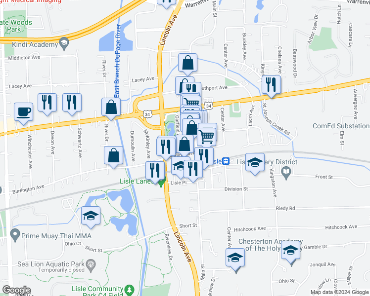map of restaurants, bars, coffee shops, grocery stores, and more near 4725 Garfield Avenue in Lisle