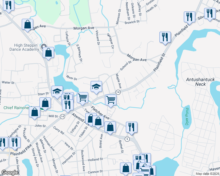 map of restaurants, bars, coffee shops, grocery stores, and more near 44 Pocasset Street in Johnston
