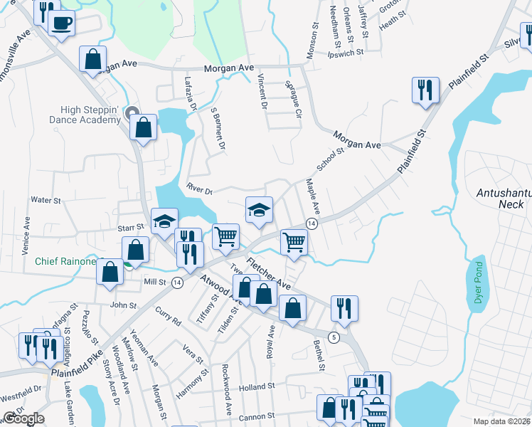 map of restaurants, bars, coffee shops, grocery stores, and more near 16 School Street in Johnston