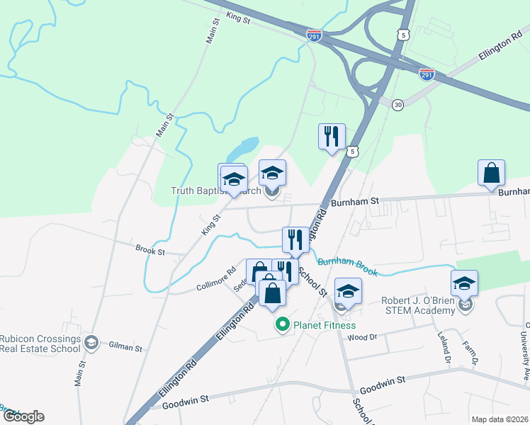 map of restaurants, bars, coffee shops, grocery stores, and more near 44 Burnham Street in South Windsor