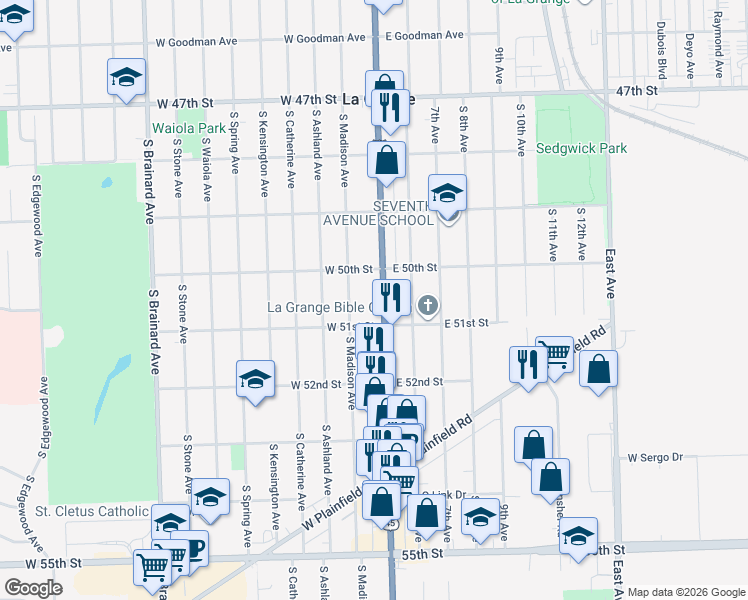 map of restaurants, bars, coffee shops, grocery stores, and more near 815 South Madison Avenue in La Grange