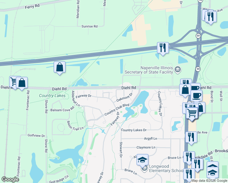 map of restaurants, bars, coffee shops, grocery stores, and more near 30W379 Pinehurst Drive in Naperville