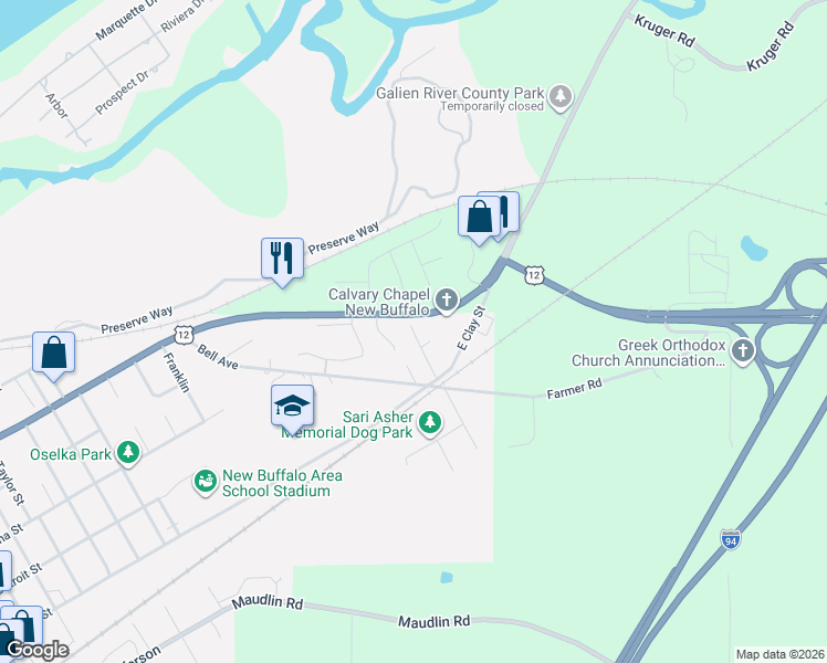 map of restaurants, bars, coffee shops, grocery stores, and more near 303 Biddle Street in New Buffalo