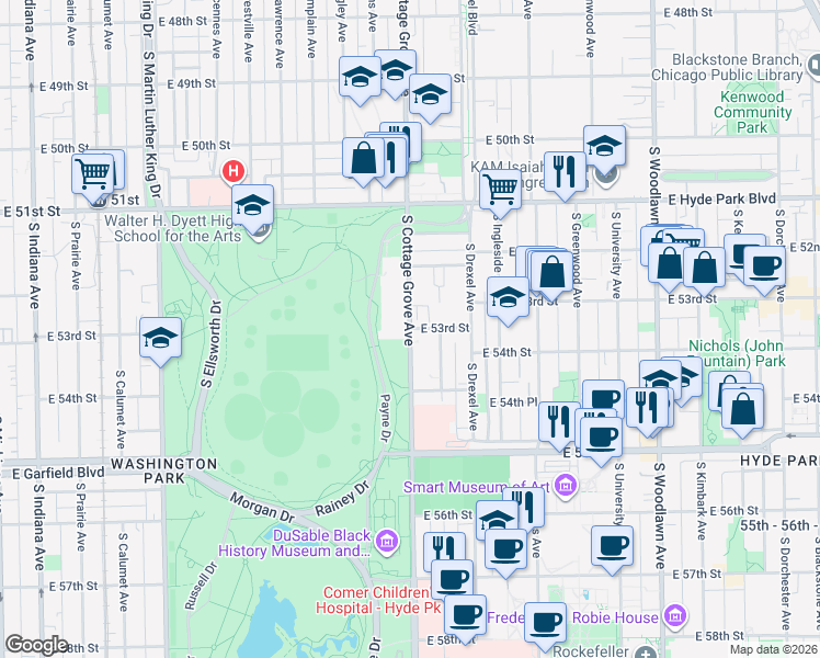 map of restaurants, bars, coffee shops, grocery stores, and more near S Cottage Grove Ave & E 53rd St in Chicago