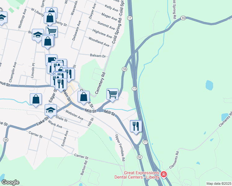 map of restaurants, bars, coffee shops, grocery stores, and more near 11 14/24 Orange Lane in Liberty