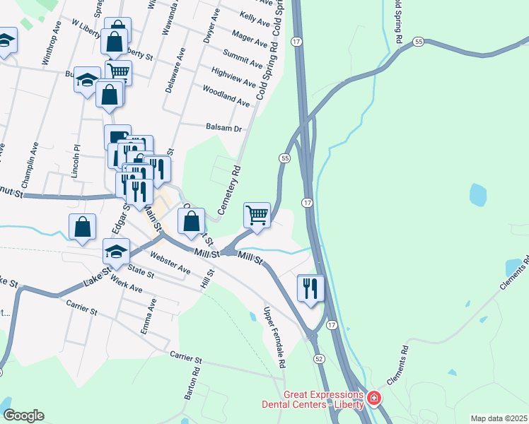 map of restaurants, bars, coffee shops, grocery stores, and more near 14 Orange Lane in Liberty