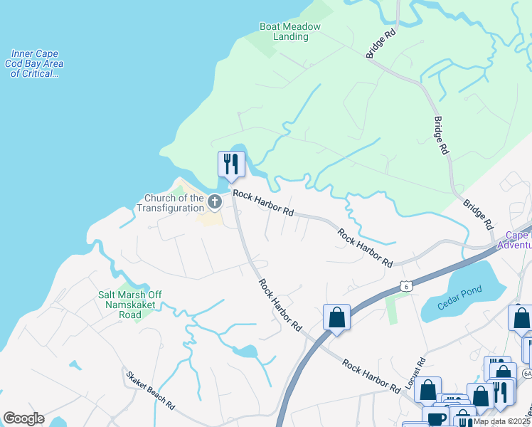 map of restaurants, bars, coffee shops, grocery stores, and more near 130 Rock Harbor Road in Orleans