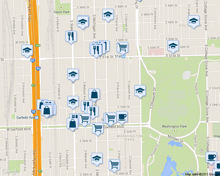map of restaurants, bars, coffee shops, grocery stores, and more near 5255 S Indiana Ave in Chicago