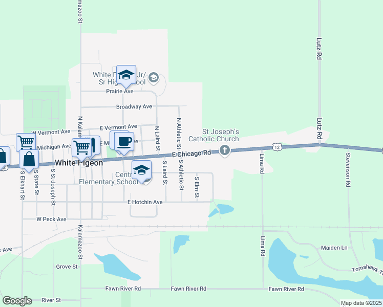 map of restaurants, bars, coffee shops, grocery stores, and more near 607 East Chicago Road in White Pigeon