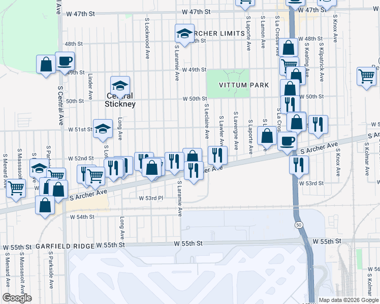 map of restaurants, bars, coffee shops, grocery stores, and more near 5140 South Leamington Avenue in Chicago
