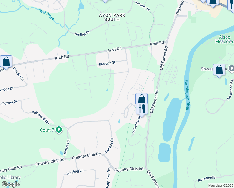 map of restaurants, bars, coffee shops, grocery stores, and more near 65 Sylvan Street in Avon