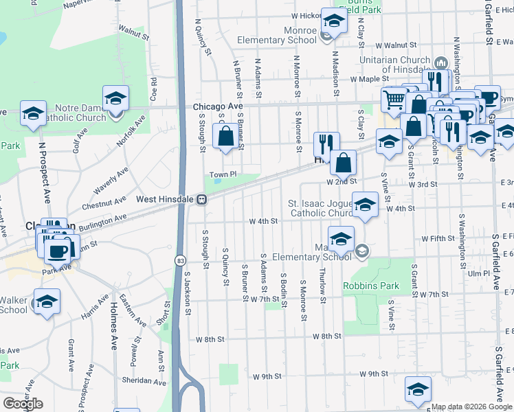 map of restaurants, bars, coffee shops, grocery stores, and more near 218 South Adams Street in Hinsdale