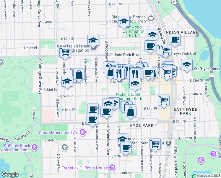map of restaurants, bars, coffee shops, grocery stores, and more near 5318 South Kimbark Avenue in Chicago