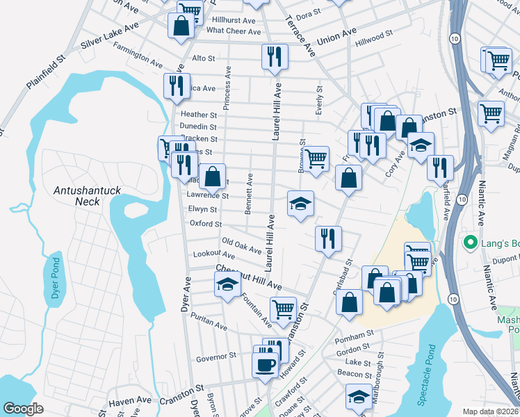 map of restaurants, bars, coffee shops, grocery stores, and more near 547 Laurel Hill Avenue in Cranston