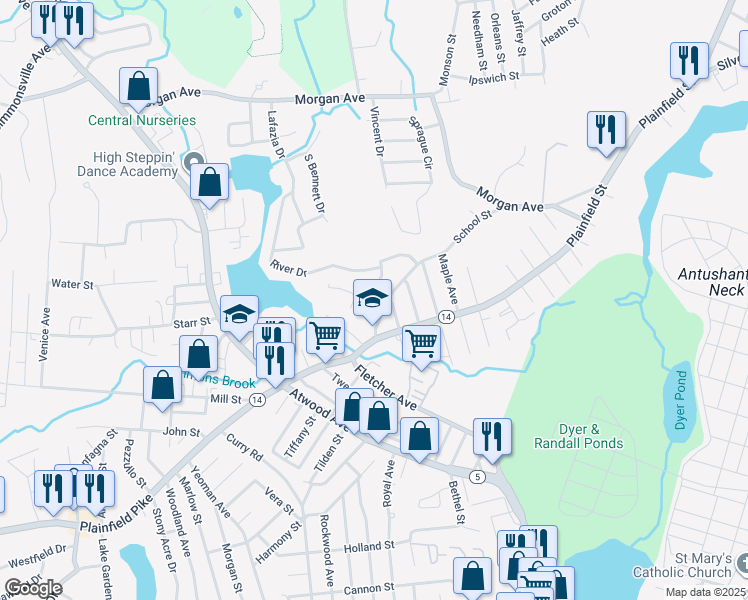 map of restaurants, bars, coffee shops, grocery stores, and more near 61 Vanner Street in Johnston