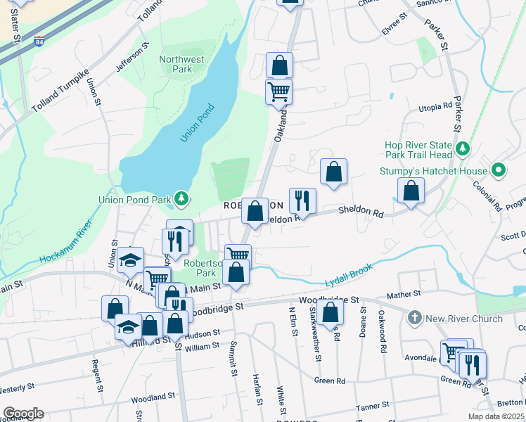 map of restaurants, bars, coffee shops, grocery stores, and more near 163 Oakland Street in Manchester