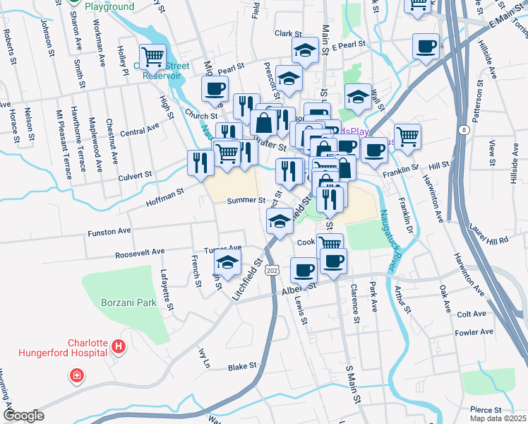 map of restaurants, bars, coffee shops, grocery stores, and more near 67 Prospect Street in Torrington
