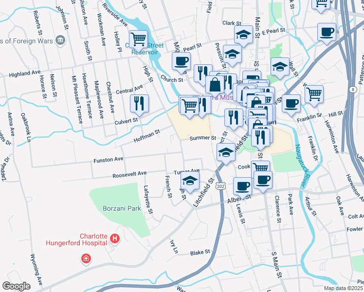 map of restaurants, bars, coffee shops, grocery stores, and more near 237 High Street in Torrington