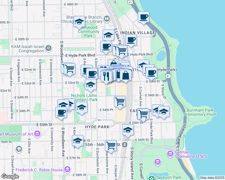 map of restaurants, bars, coffee shops, grocery stores, and more near 5316 South Harper Avenue in Chicago