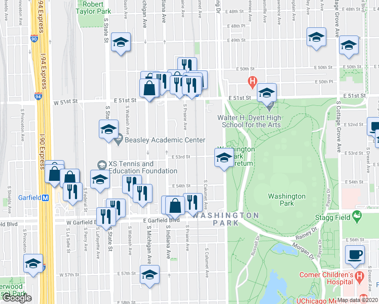 map of restaurants, bars, coffee shops, grocery stores, and more near 5240 South Prairie Avenue in Chicago